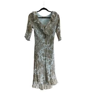 Vintage Danielle Dahan Ruffle Front Midi Dress Blue Brown 90s Women’s Size S